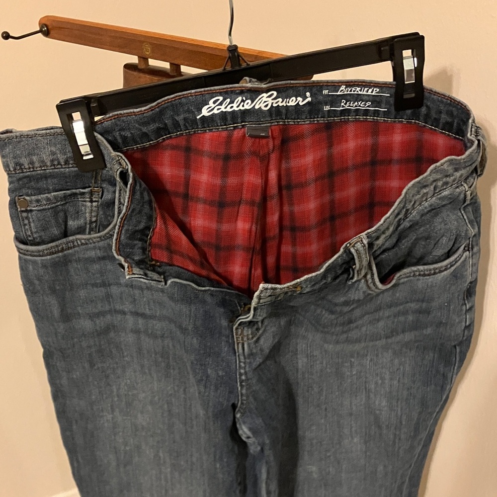 Eddie Bauer flannel lined denim jeans; boyfriend fit with relaxed leg.